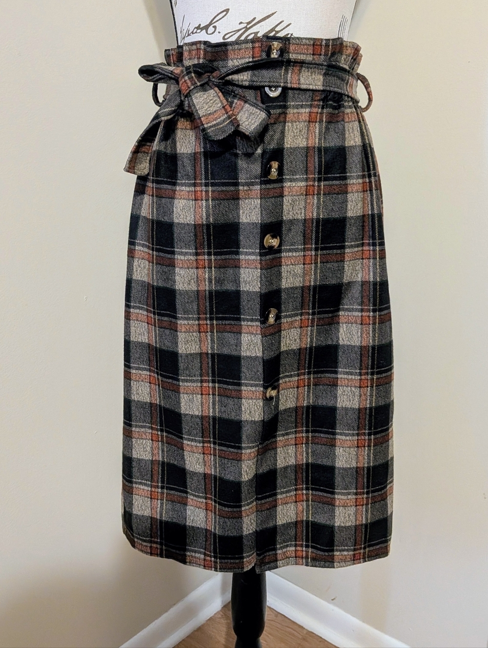 Women's Plaid High Waist Paperbag Stretch Midi Skirt Tie Belt S Dark Academia